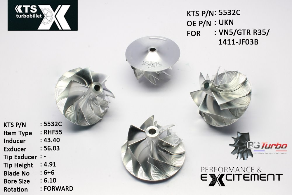 Turbo ROUE FORGÉE MFS PERFORMANCE - 6+6 PALES - INDUCER : 43,4 - EXDUCER : 56,03 - TYPE : RHF55ANGLE : 60° - ROTATION : Forward - SUPER BACK : 3,68 - BORE SIZE : 6,1

